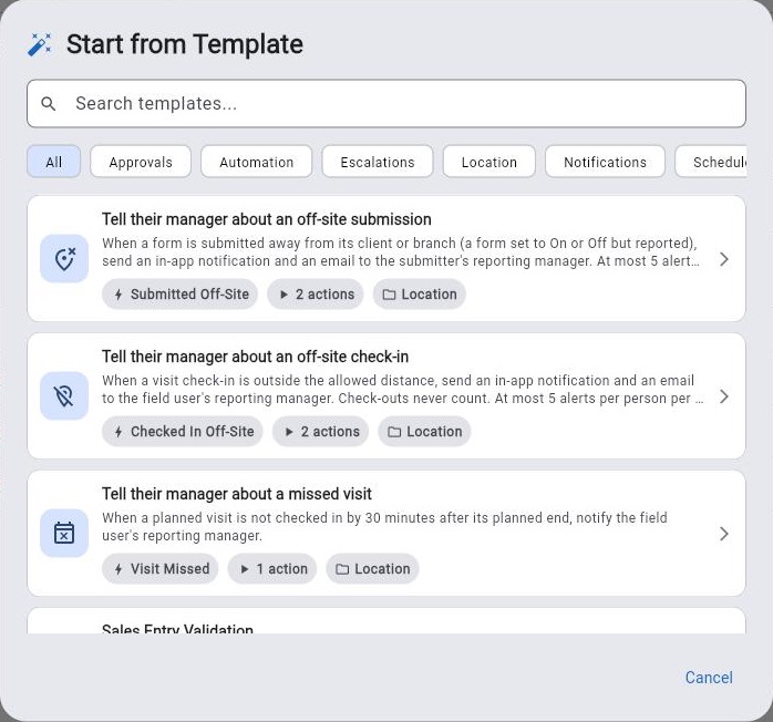 The Start from Template dialog, filtered by category, listing location templates such as Tell their manager about an off-site submission, an off-site check-in and a missed visit.